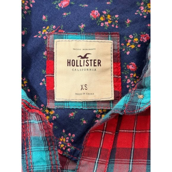 Hollister Red Blue Plaid Shirt Silver Thread Y2K Top Button-Up Womens Size XS - Picture 3 of 6